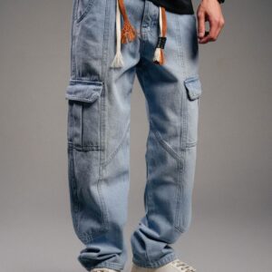 بنطلون كارغو جينز رجالي قصة واسعة (Wide Leg) بجيوب جانبية وحزام رباط